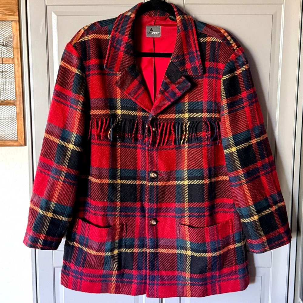 Lizwear Petite Vintage Womens Country Fringe Plaid Wool Mohair Jacket, Red, 8